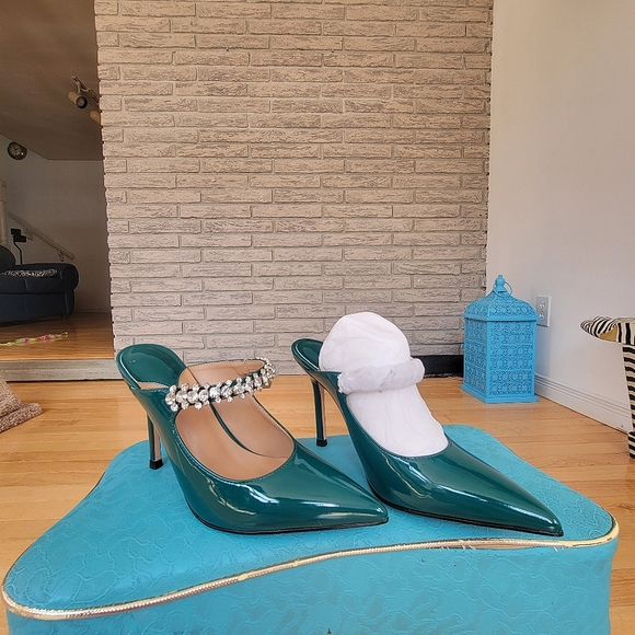 Green Slip On Mule Rhinestone Heels - Picture 3 of 10
